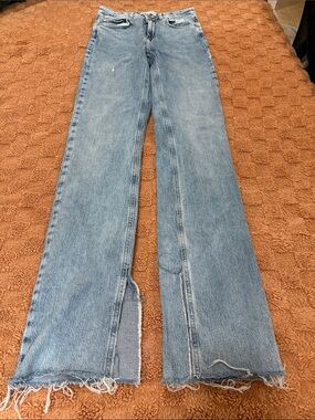 Zara Light Blue Hi Rise Flare Split Hem Jeans